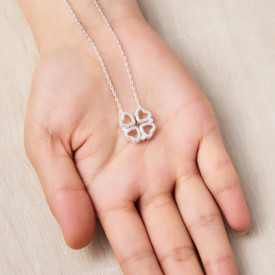 Silver Plated 2 in 1 Four Leaf Clover Heart Charm Necklace Created with Zircondia® Crystals - Philip Jones Jewellery
