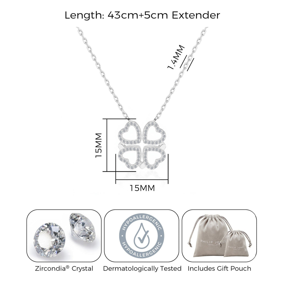 Silver Plated 2 in 1 Four Leaf Clover Heart Charm Necklace Created with Zircondia® Crystals - Philip Jones Jewellery