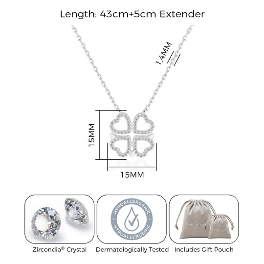 Silver Plated 2 in 1 Four Leaf Clover Heart Charm Necklace Created with Zircondia® Crystals - Philip Jones Jewellery
