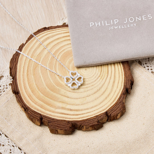 Silver Plated 2 in 1 Four Leaf Clover Heart Charm Necklace Created with Zircondia® Crystals - Philip Jones Jewellery