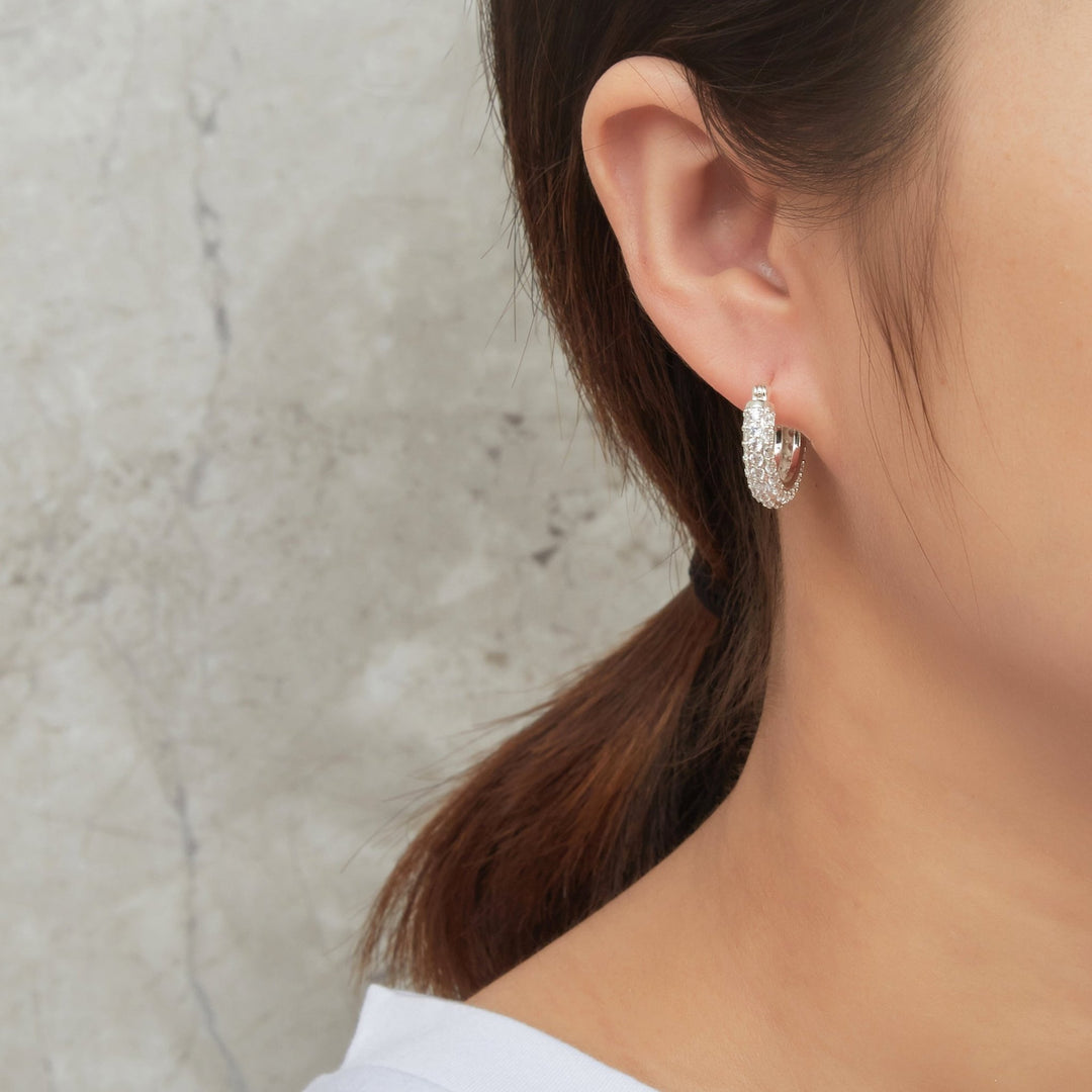Silver Plated 20mm Pave Hoop Earrings Created with Zircondia® Crystals - Philip Jones Jewellery