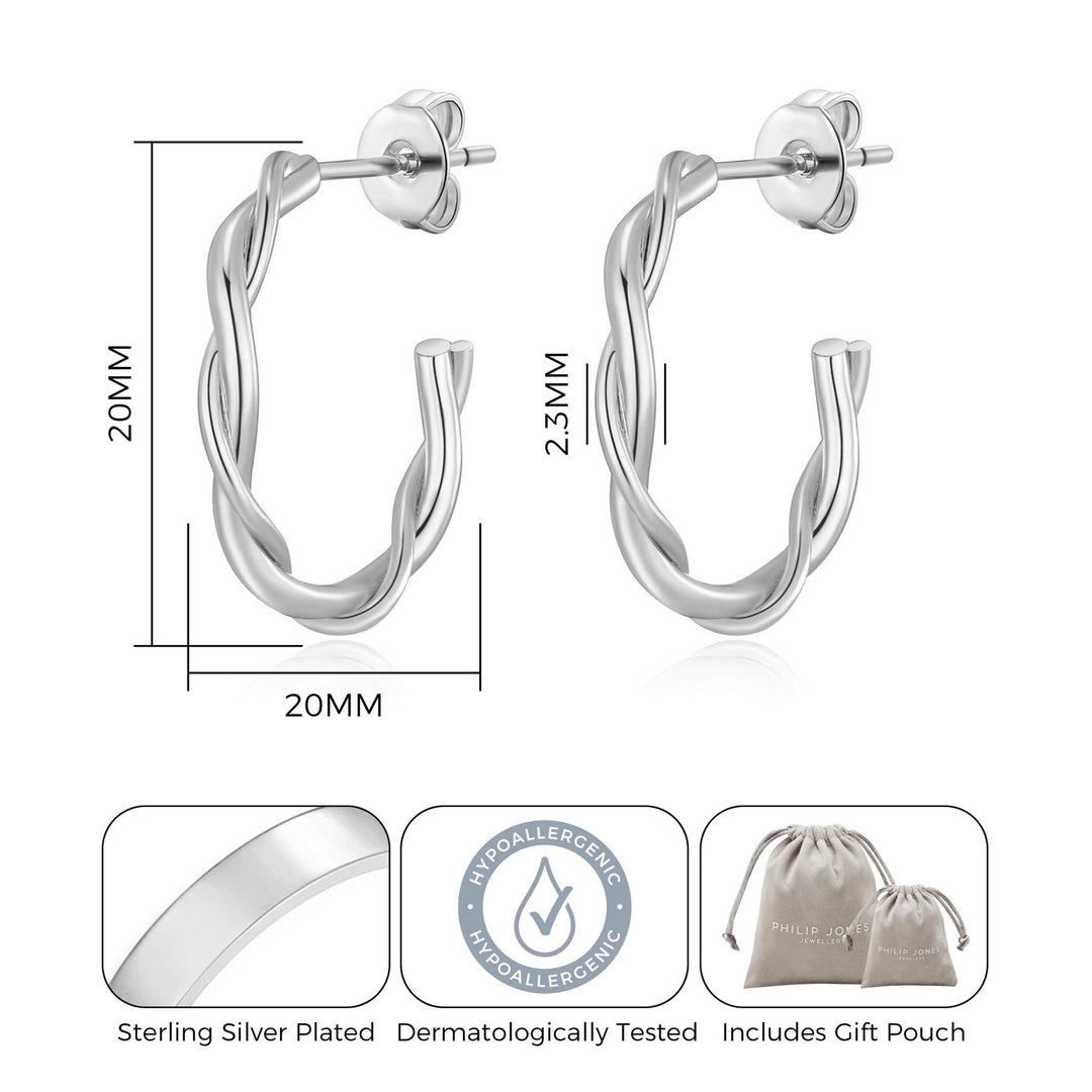 Silver Plated 20mm Twisted Hoop Earrings - Philip Jones Jewellery