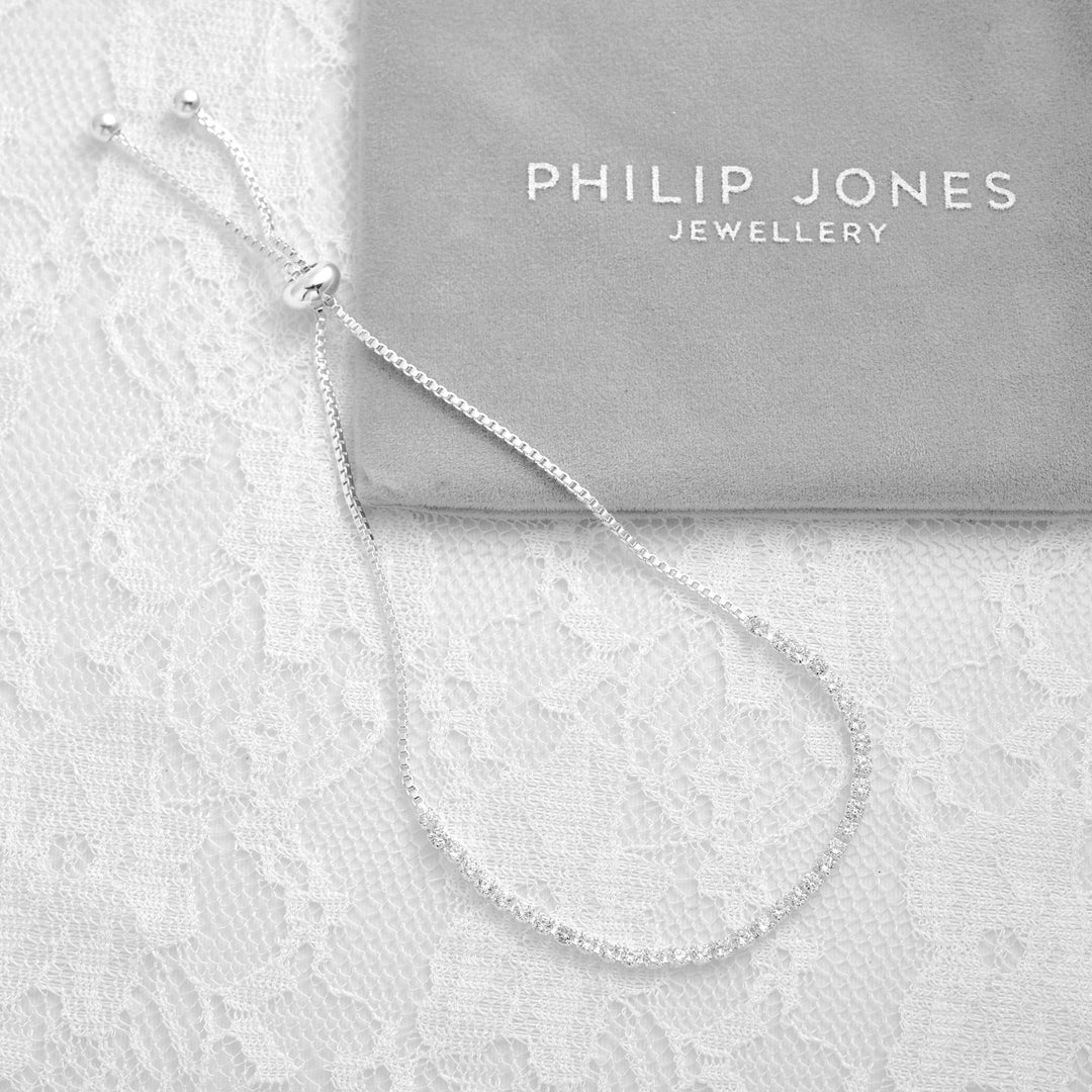 Silver Plated 2mm Adjustable Tennis Bridal Bracelet Created with Zircondia® Crystals - Philip Jones Jewellery