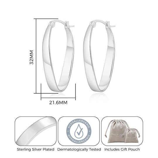 Silver Plated 30mm Oval Hoop Earrings - Philip Jones Jewellery