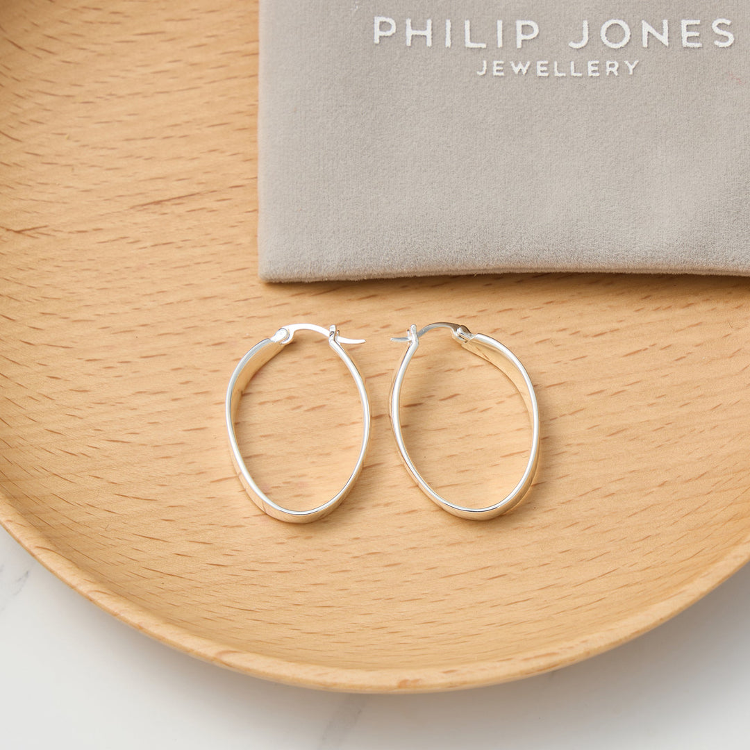 Silver Plated 30mm Oval Hoop Earrings - Philip Jones Jewellery