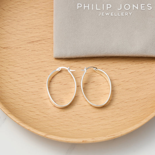 Silver Plated 30mm Oval Hoop Earrings - Philip Jones Jewellery