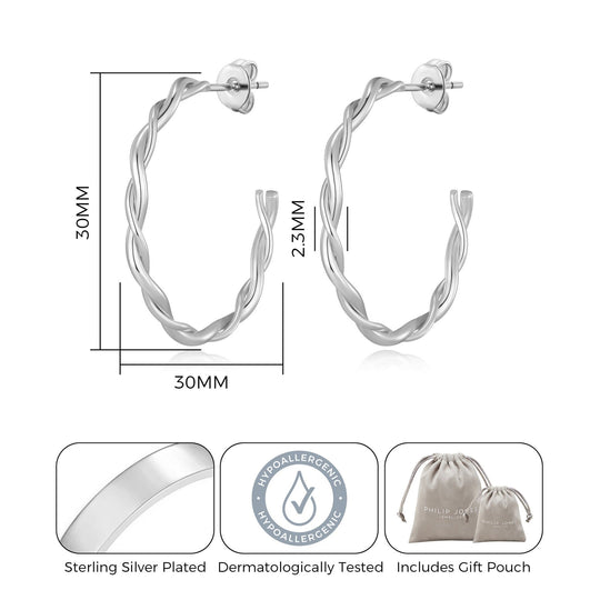 Silver Plated 30mm Twisted Hoop Earrings - Philip Jones Jewellery