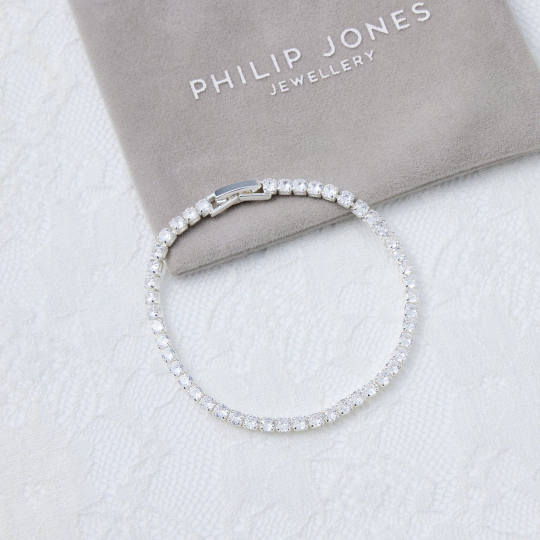 Silver Plated 3mm Bridal Tennis Bracelet Created with Zircondia® Crystals - Philip Jones Jewellery