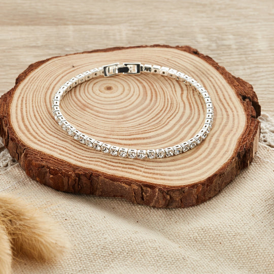 Silver Plated 3mm Bridal Tennis Bracelet Created with Zircondia® Crystals Lifestyle Images by Philip Jones