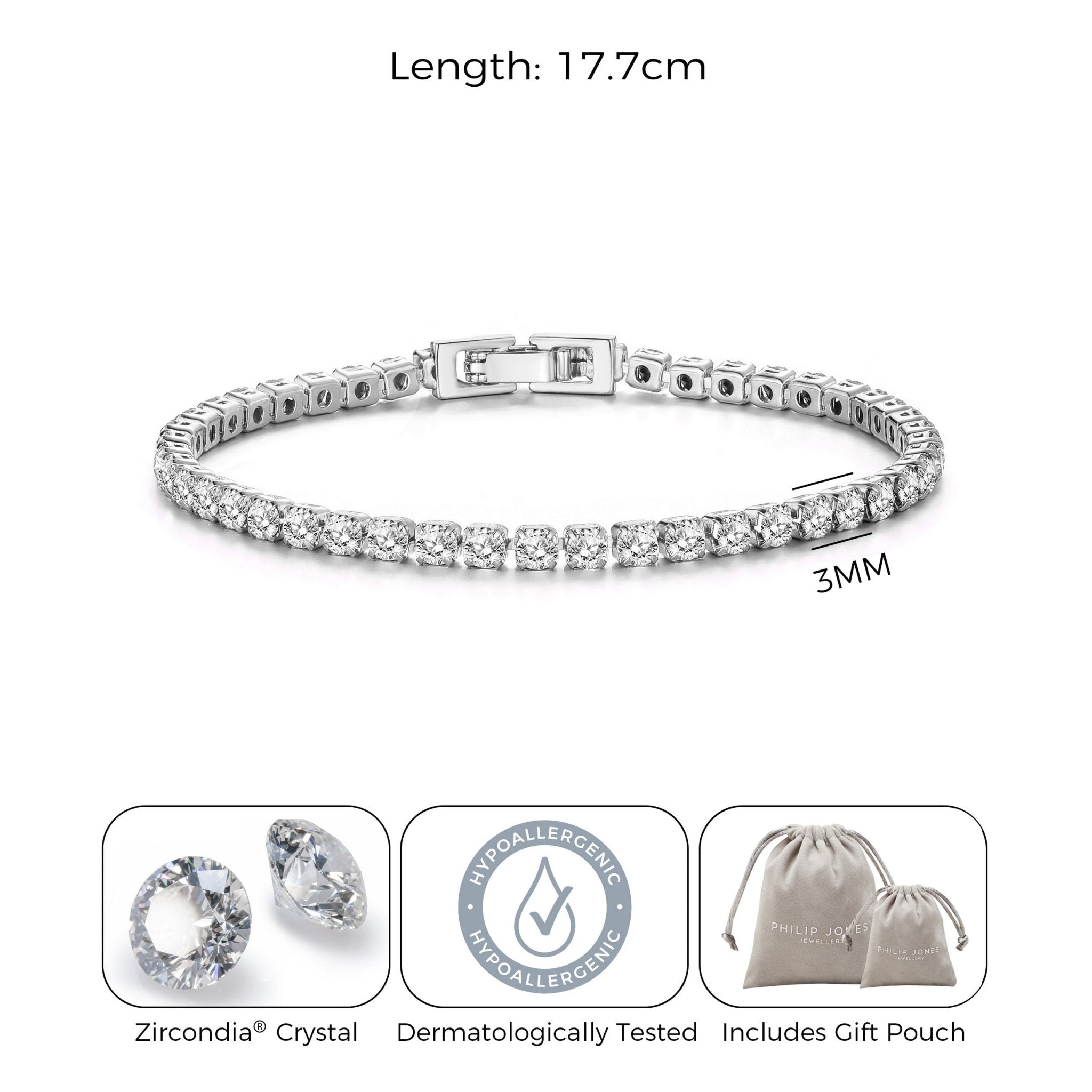 Silver Plated 3mm Tennis Bracelet Created with Zircondia® Crystals - Philip Jones Jewellery