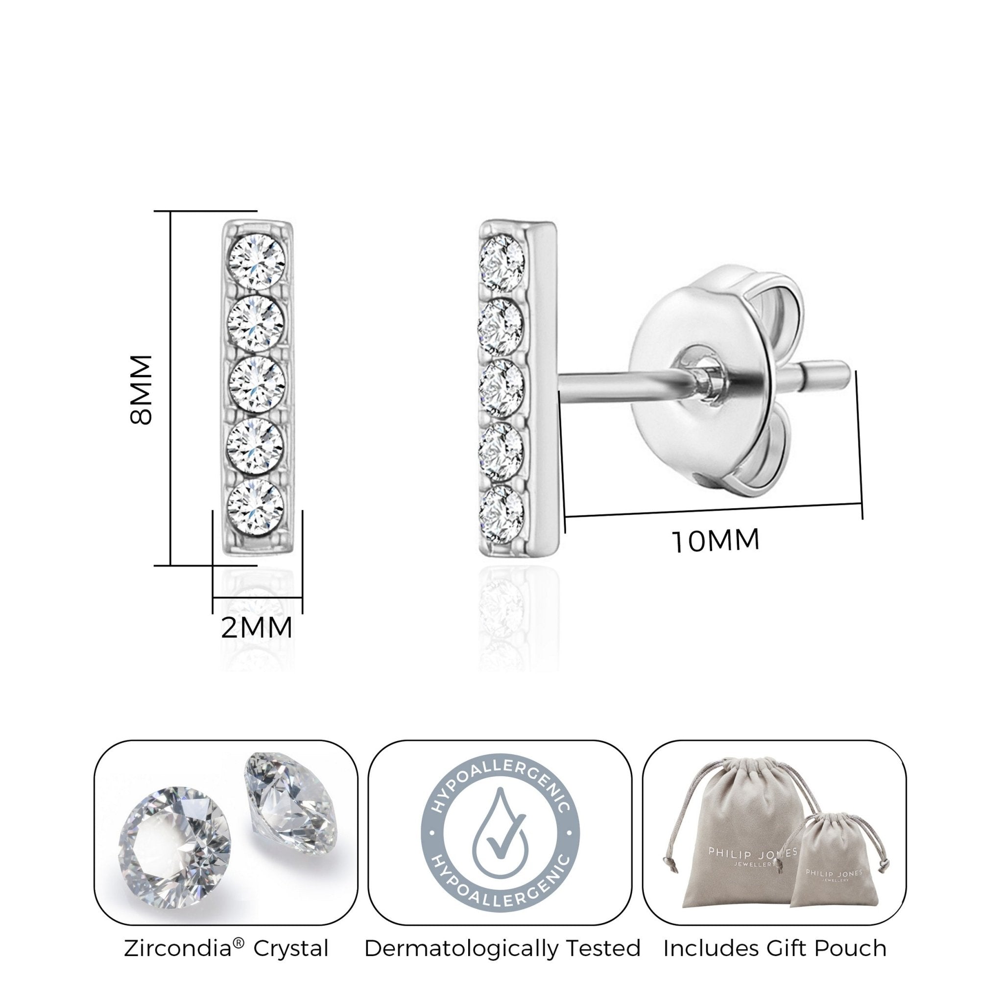 Silver Plated Bar Earrings Created with Zircondia® Crystals - Philip Jones Jewellery