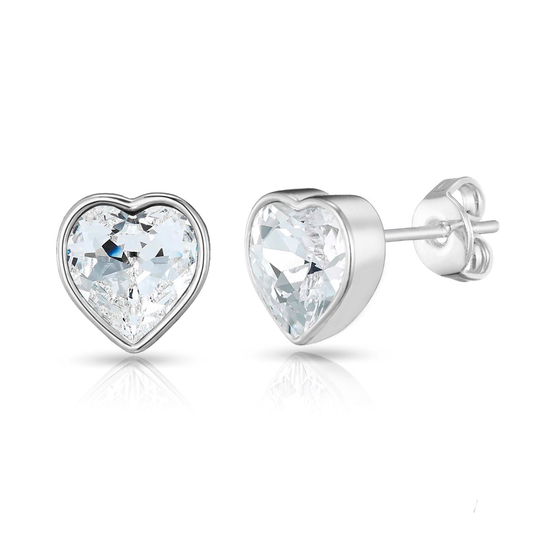 Silver Plated Bezel set Heart Earrings Created with Zircondia® Crystals - Philip Jones Jewellery