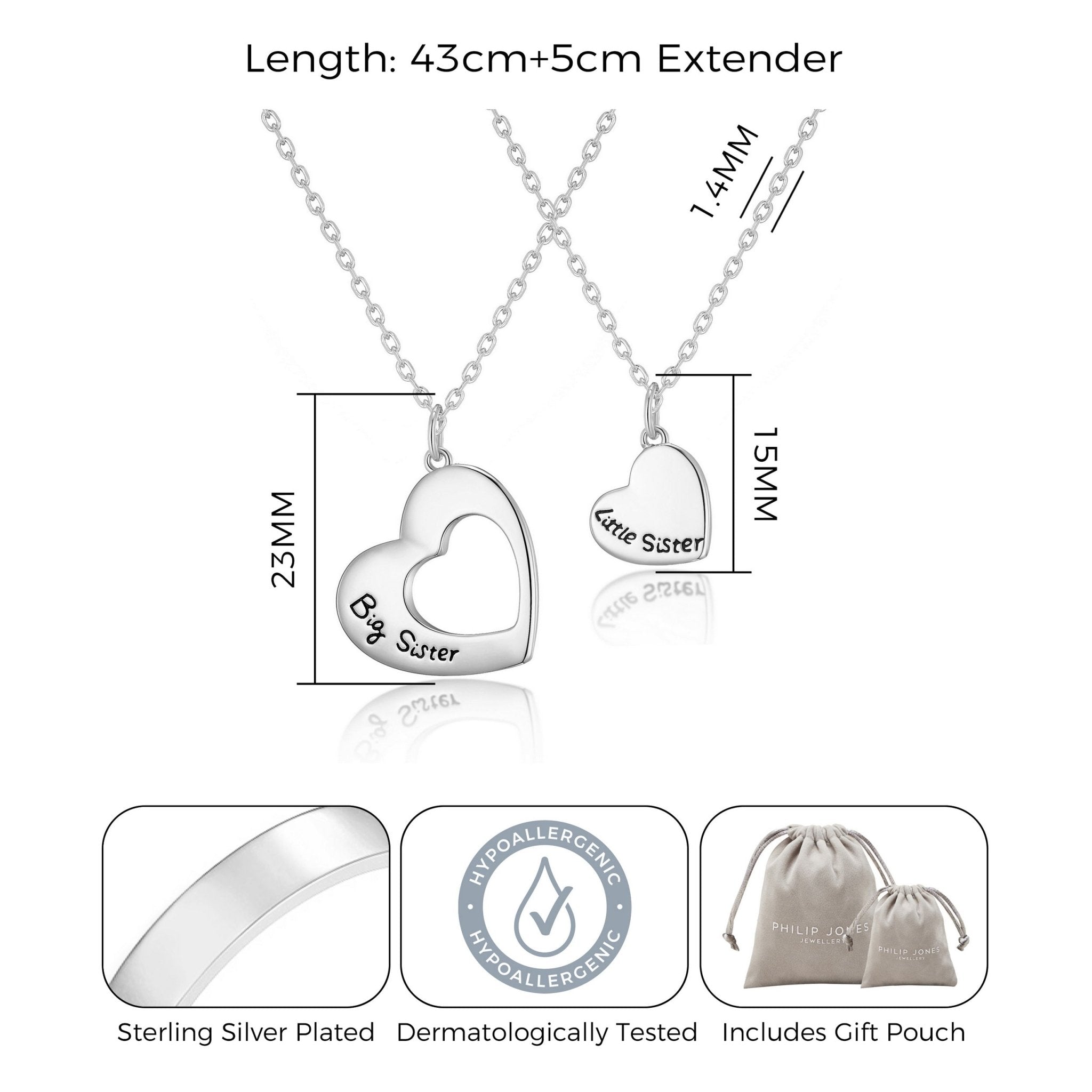 Silver Plated Big Sister and Little Sister Necklace Set with Quote Card - Philip Jones Jewellery