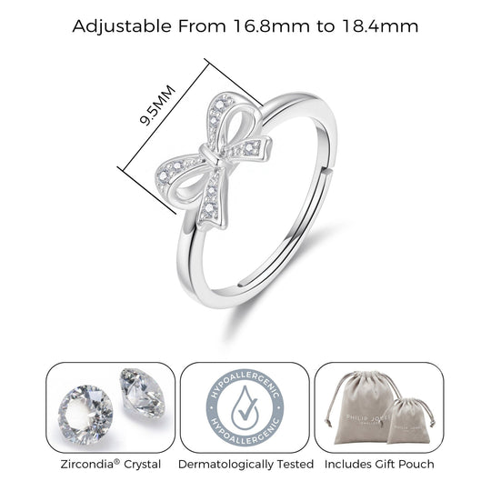 Silver Plated Bow Adjustable Ring Created with Zircondia® Crystals - Philip Jones Jewellery