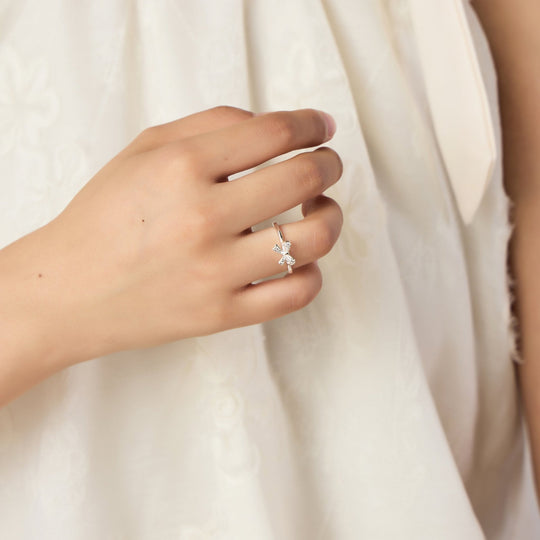 Silver Plated Bow Adjustable Ring Created with Zircondia® Crystals - Philip Jones Jewellery