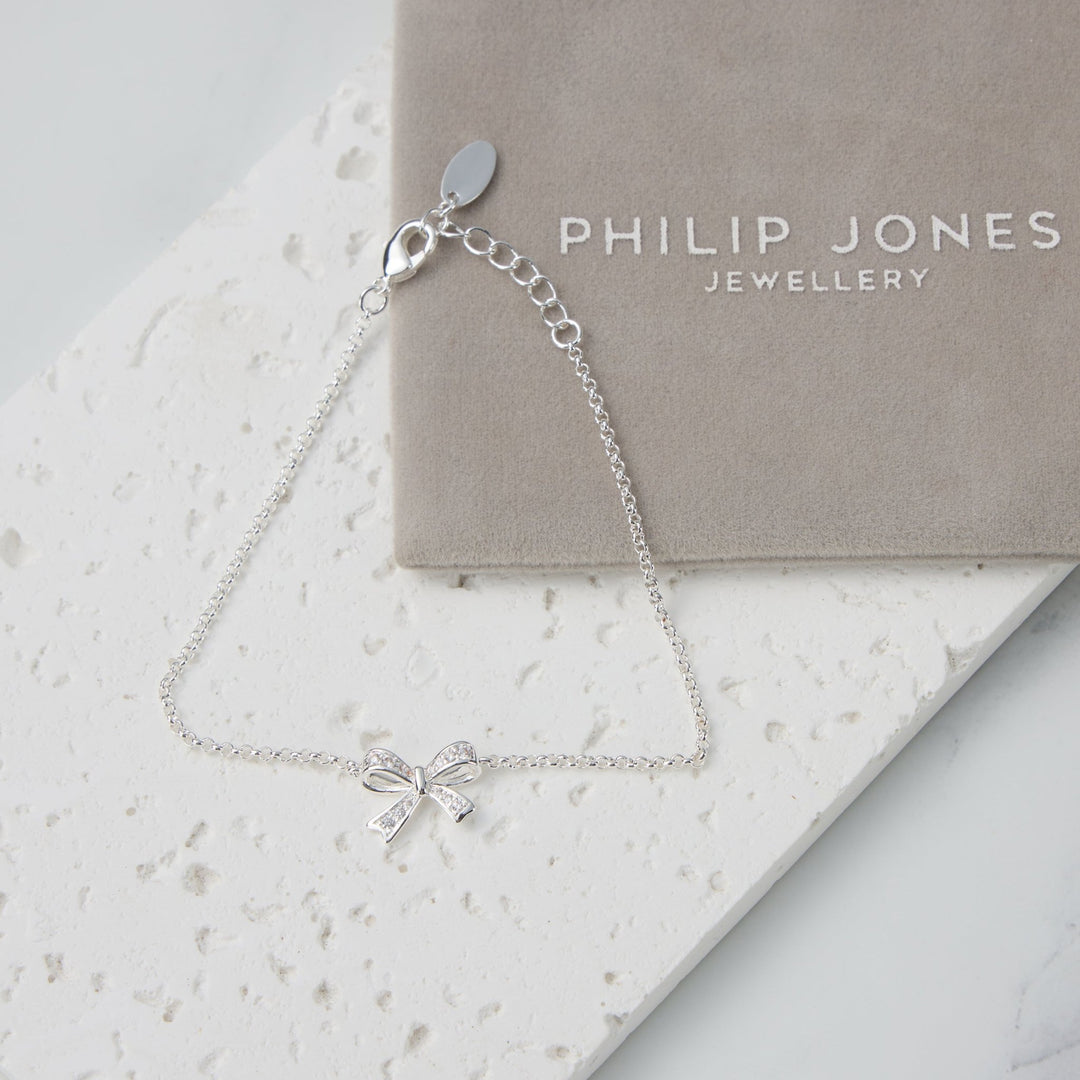 Silver Plated Bow Bracelet Created with Zircondia® Crystals - Philip Jones Jewellery