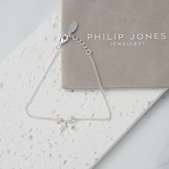 Silver Plated Bow Bracelet Created with Zircondia® Crystals - Philip Jones Jewellery