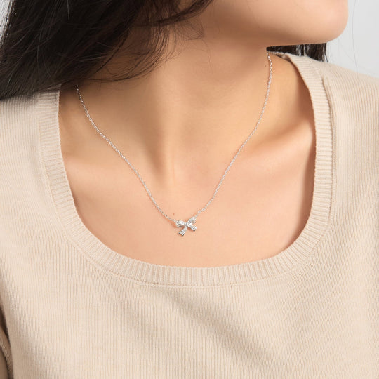 Silver Plated Bow Necklace Created with Zircondia® Crystals - Philip Jones Jewellery