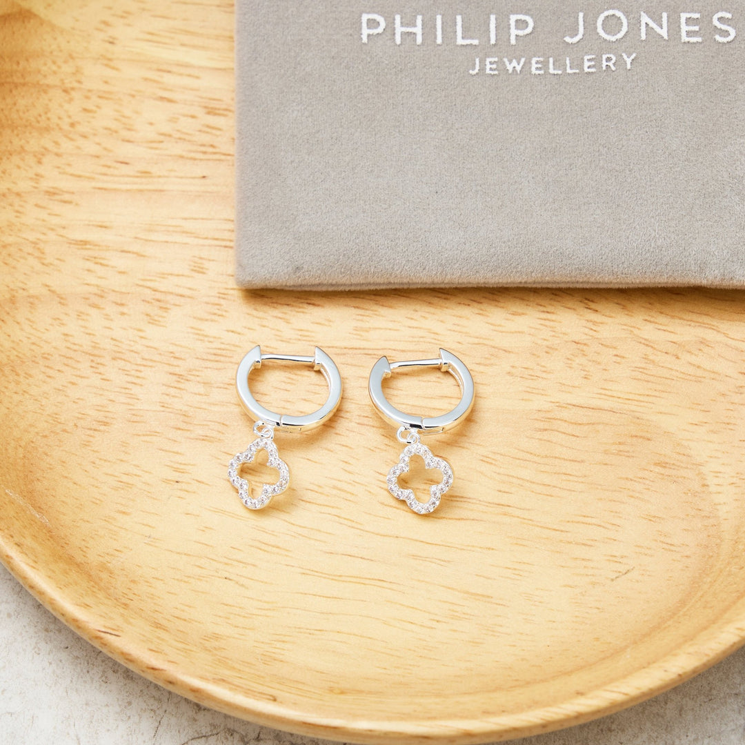 Silver Plated Clover Charm Hoop Earrings Created with Zircondia® Crystals - Philip Jones Jewellery