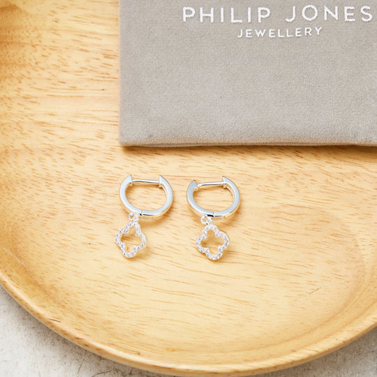 Silver Plated Clover Charm Hoop Earrings Created with Zircondia® Crystals - Philip Jones Jewellery