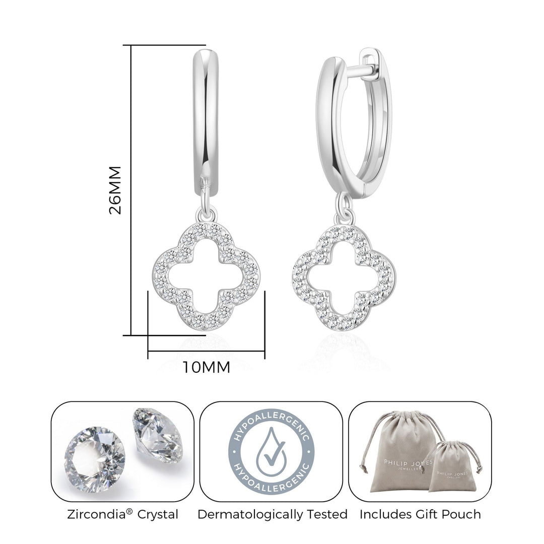 Silver Plated Clover Charm Hoop Earrings Created with Zircondia® Crystals - Philip Jones Jewellery