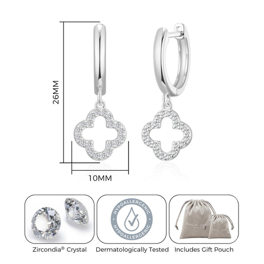 Silver Plated Clover Charm Hoop Earrings Created with Zircondia® Crystals - Philip Jones Jewellery