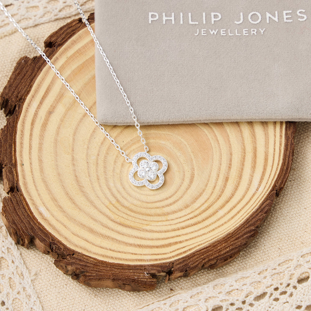 Silver Plated Clover Halo Necklace Created with Zircondia® Crystals - Philip Jones Jewellery