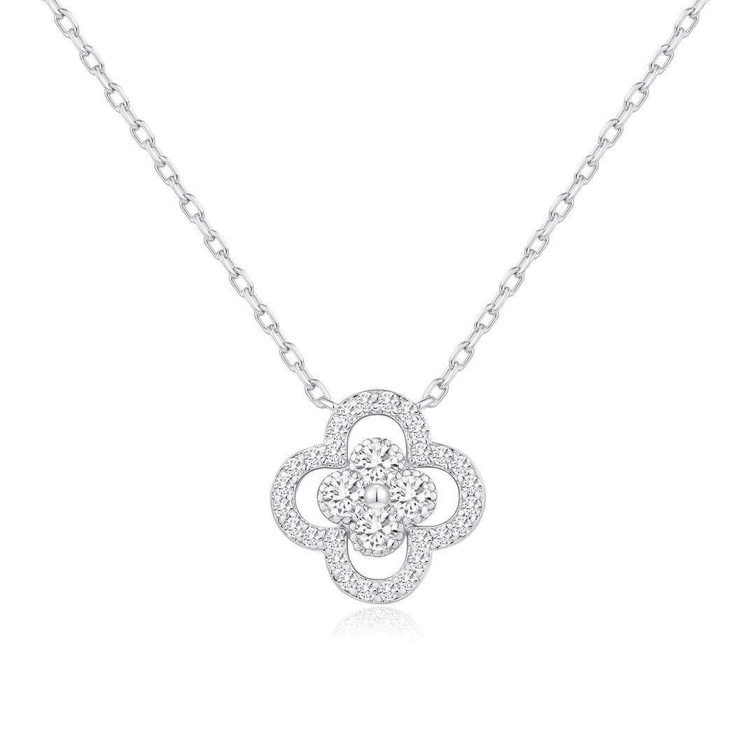 Silver Plated Clover Halo Necklace Created with Zircondia® Crystals - Philip Jones Jewellery