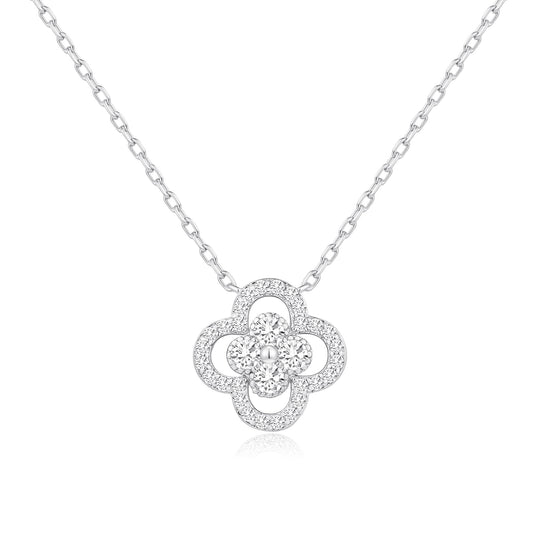 Silver Plated Clover Halo Necklace Created with Zircondia® Crystals - Philip Jones Jewellery