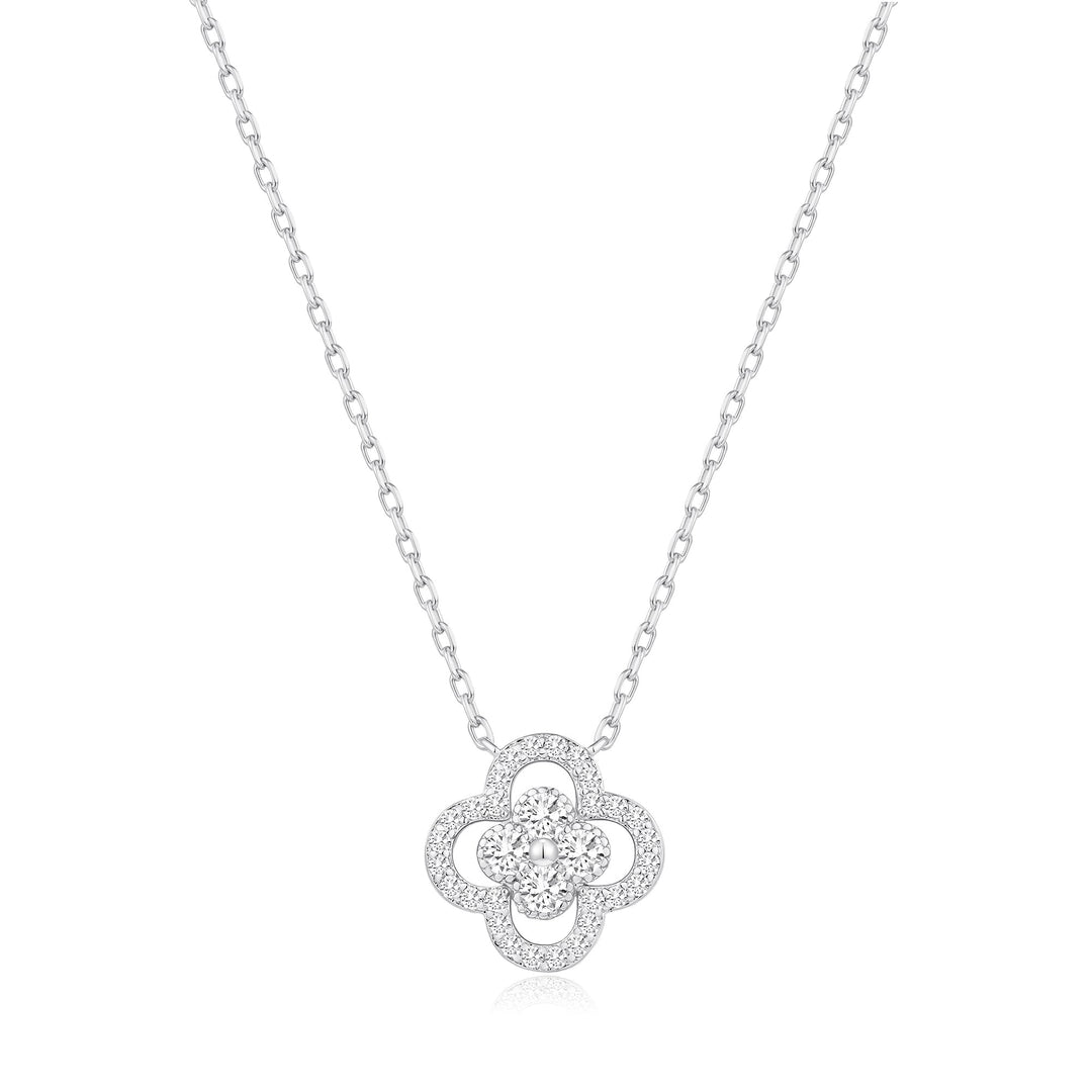 Silver Plated Clover Halo Necklace Created with Zircondia® Crystals - Philip Jones Jewellery