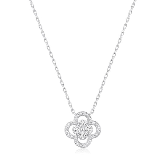 Silver Plated Clover Halo Necklace Created with Zircondia® Crystals - Philip Jones Jewellery