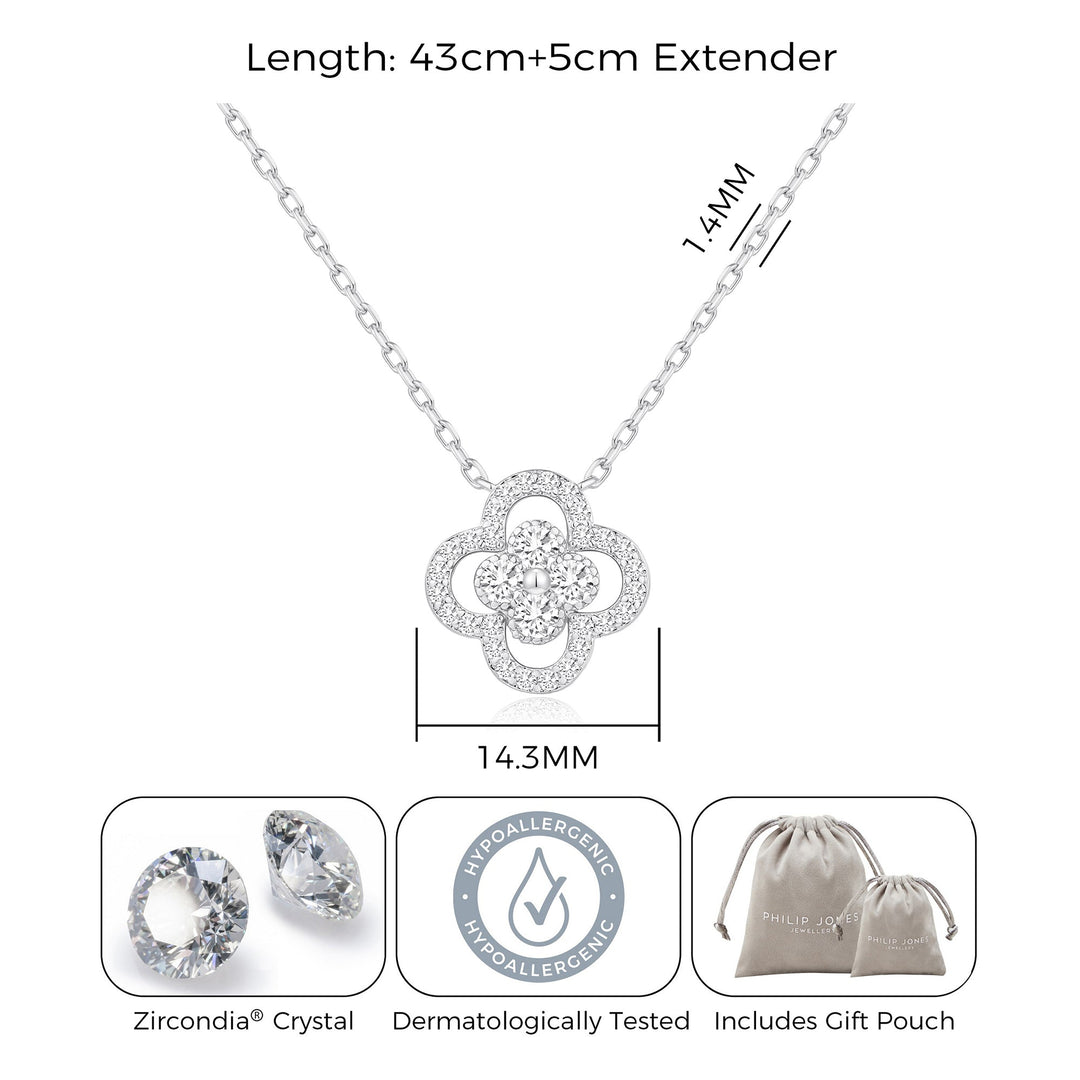Silver Plated Clover Halo Necklace Created with Zircondia® Crystals - Philip Jones Jewellery