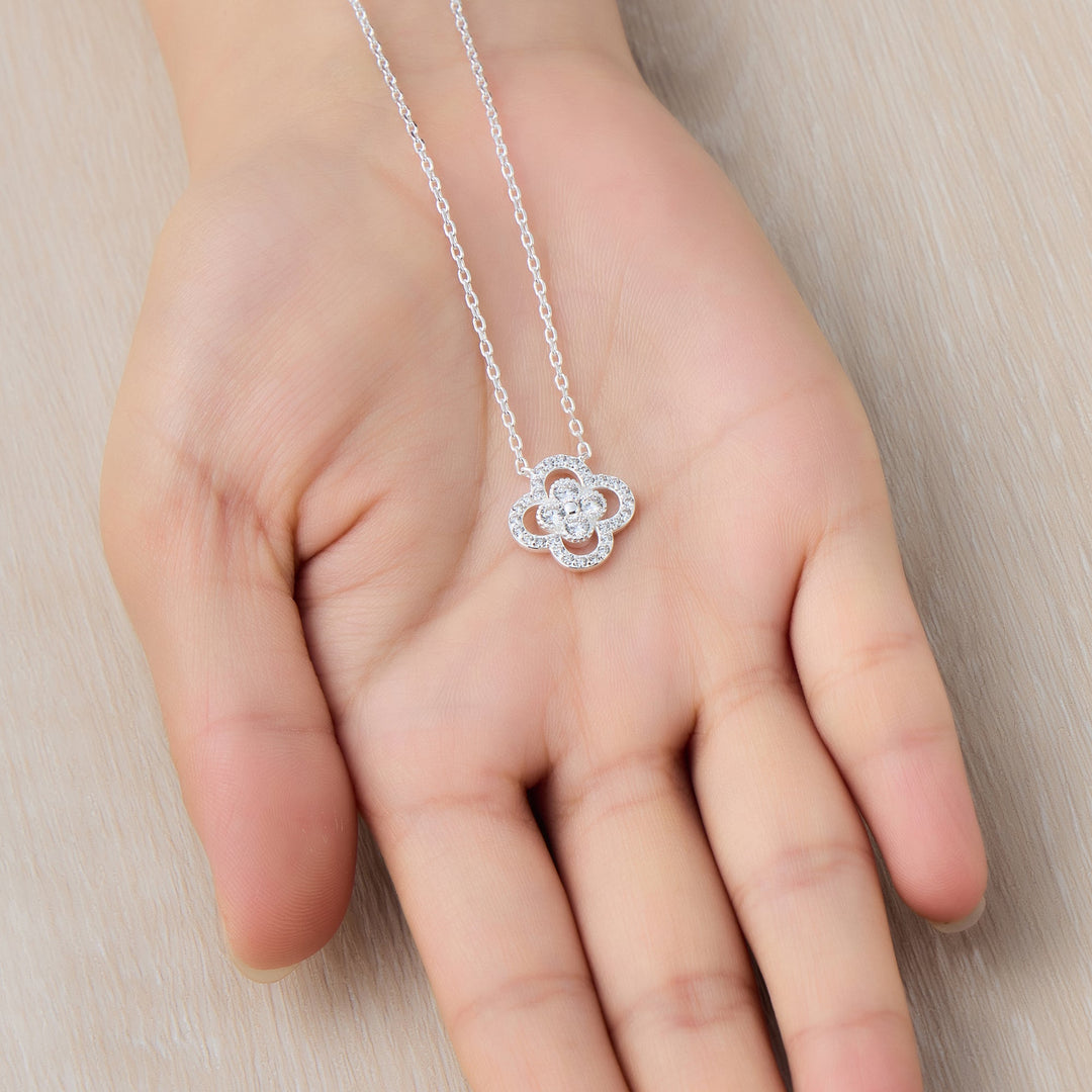 Silver Plated Clover Halo Necklace Created with Zircondia® Crystals - Philip Jones Jewellery