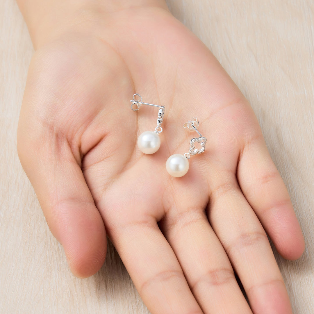 Silver Plated Clover Pearl Drop Earrings Created with Zircondia® Crystals - Philip Jones Jewellery