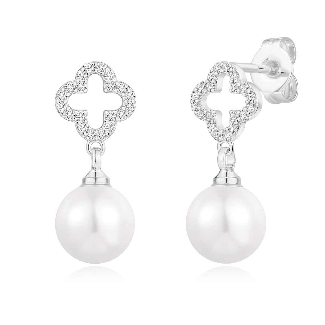 Silver Plated Clover Pearl Drop Earrings Created with Zircondia® Crystals - Philip Jones Jewellery