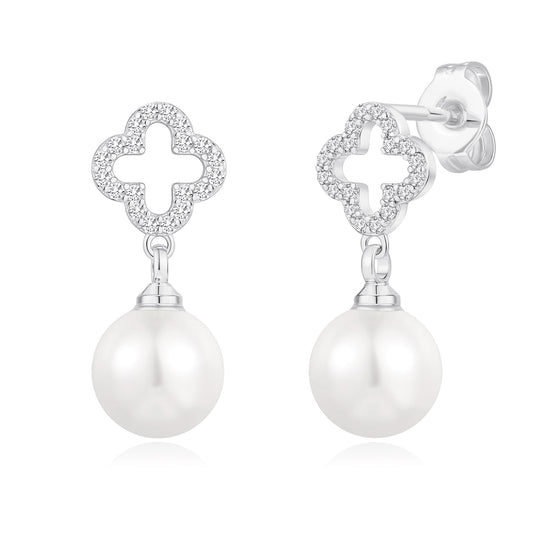 Silver Plated Clover Pearl Drop Earrings Created with Zircondia® Crystals - Philip Jones Jewellery