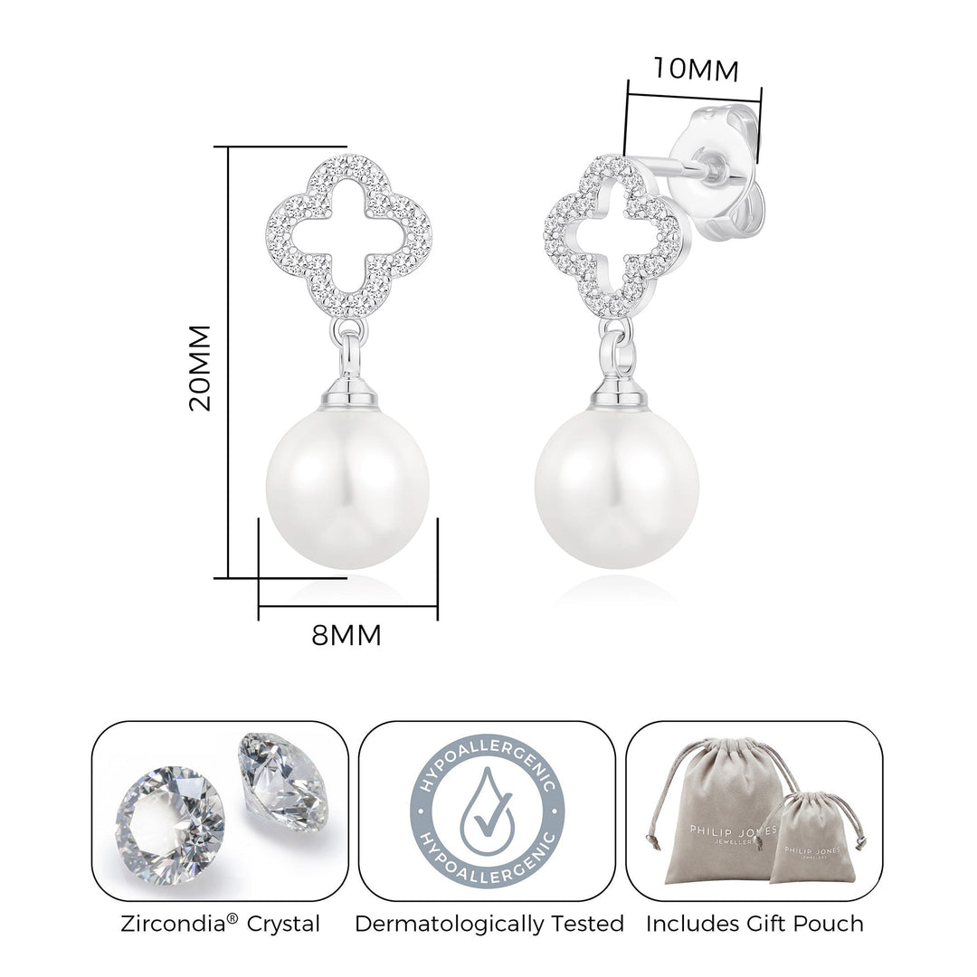 Silver Plated Clover Pearl Drop Earrings Created with Zircondia® Crystals - Philip Jones Jewellery
