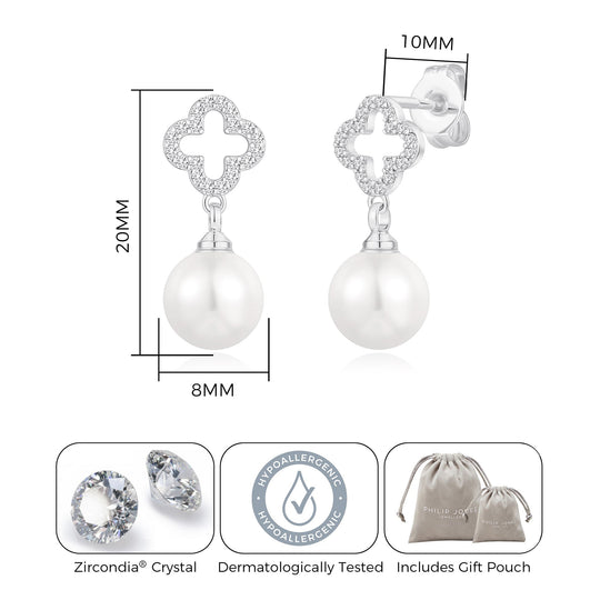 Silver Plated Clover Pearl Drop Earrings Created with Zircondia® Crystals - Philip Jones Jewellery