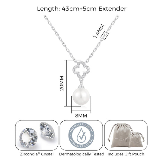 Silver Plated Clover Pearl Drop Necklace Created with Zircondia® Crystals - Philip Jones Jewellery