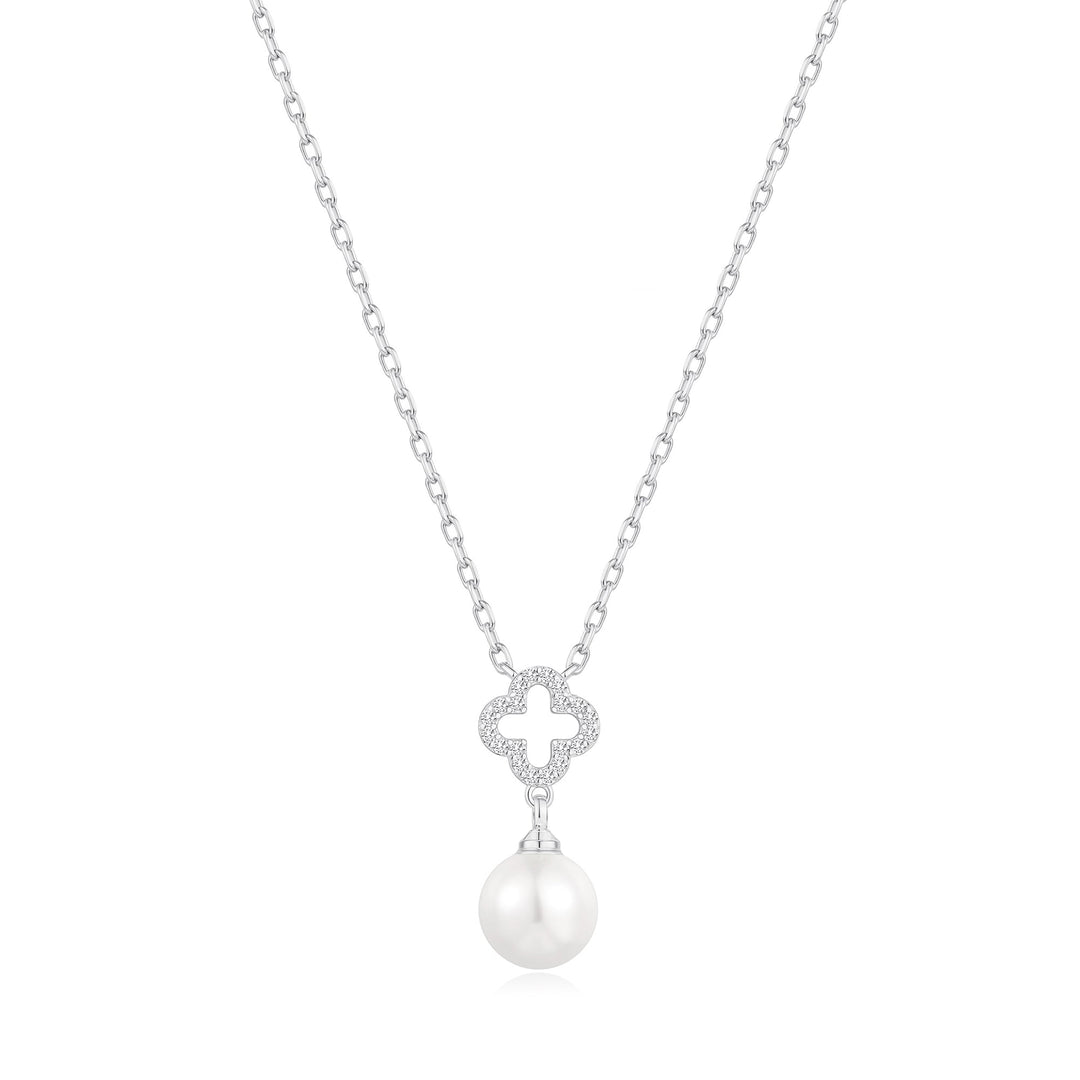 Silver Plated Clover Pearl Drop Necklace Created with Zircondia® Crystals - Philip Jones Jewellery