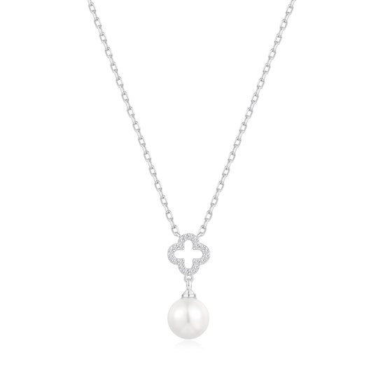 Silver Plated Clover Pearl Drop Necklace Created with Zircondia® Crystals - Philip Jones Jewellery