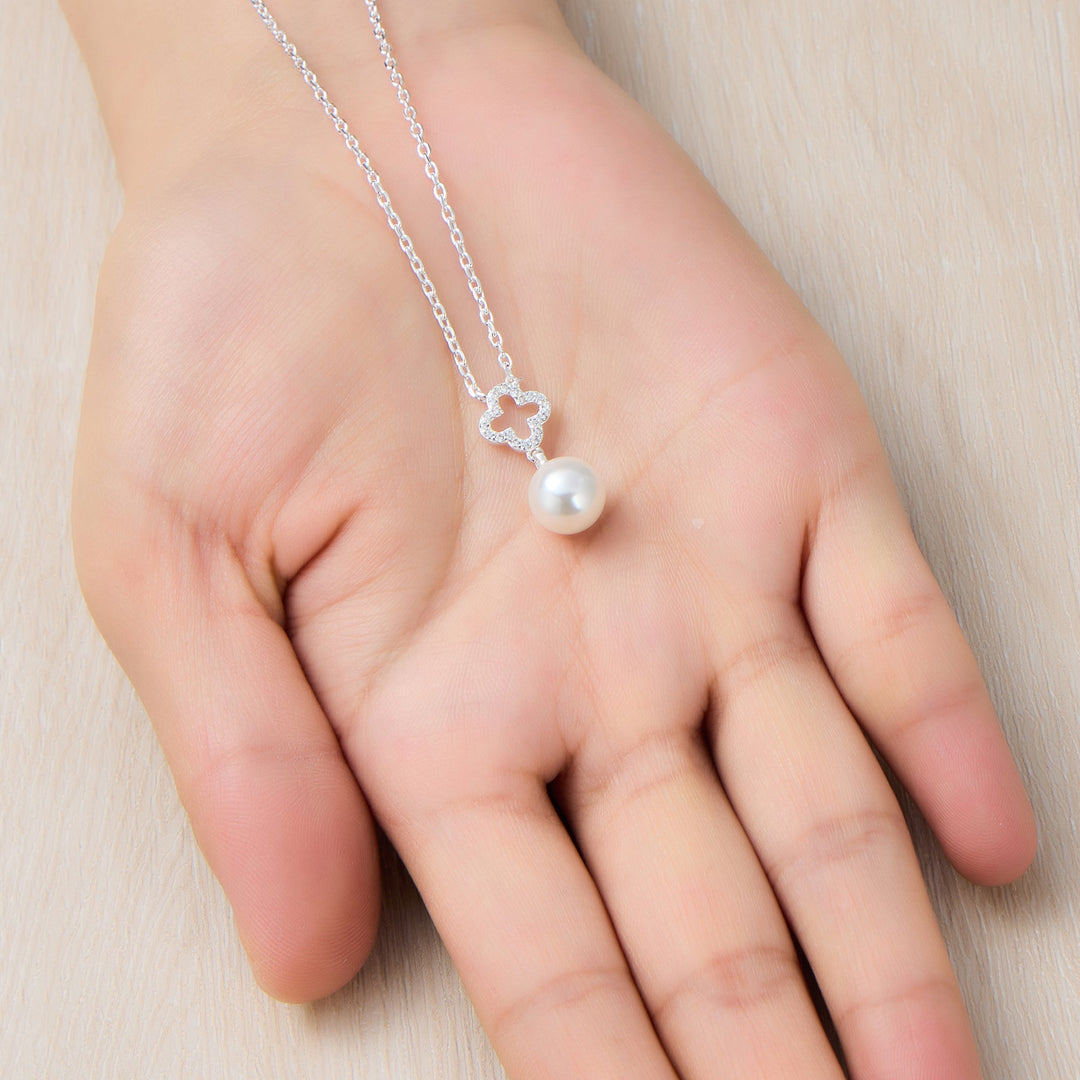 Silver Plated Clover Pearl Drop Necklace Created with Zircondia® Crystals - Philip Jones Jewellery