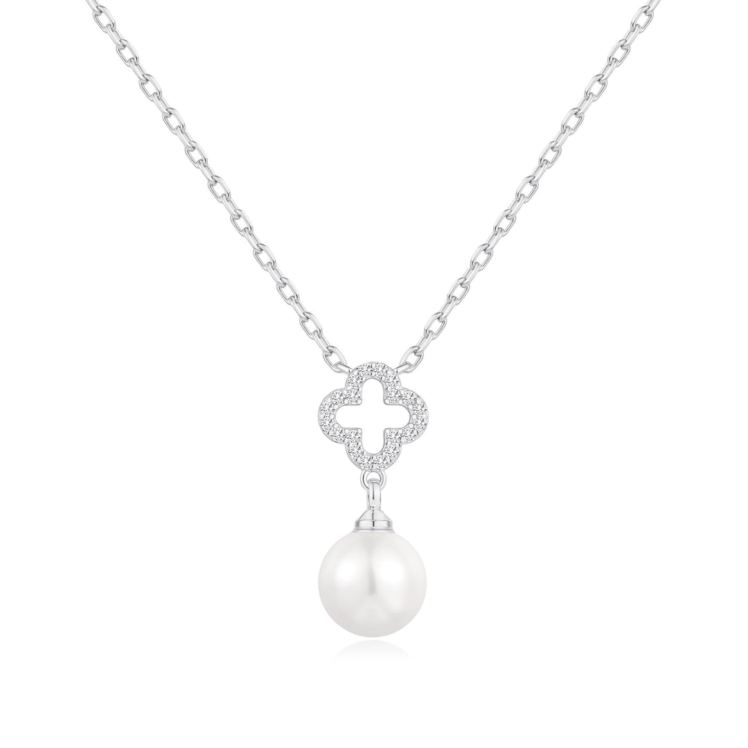 Silver Plated Clover Pearl Drop Necklace Created with Zircondia® Crystals - Philip Jones Jewellery