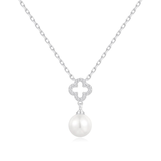 Silver Plated Clover Pearl Drop Necklace Created with Zircondia® Crystals - Philip Jones Jewellery