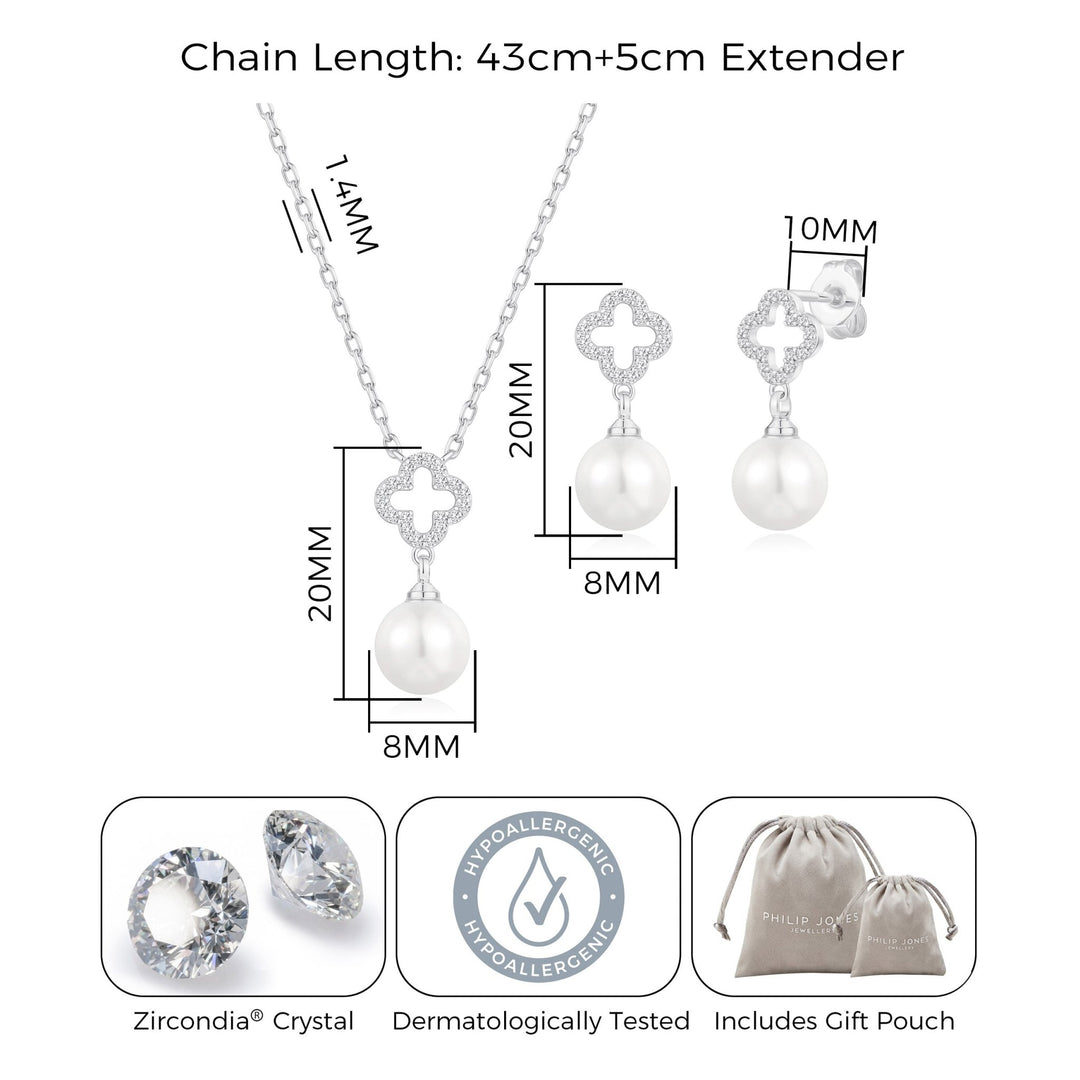 Silver Plated Clover Pearl Drop Set Created with Zircondia® Crystals