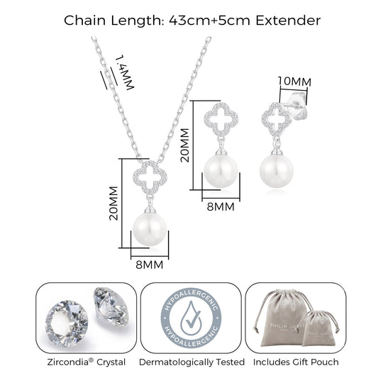 Silver Plated Clover Pearl Drop Set Created with Zircondia® Crystals