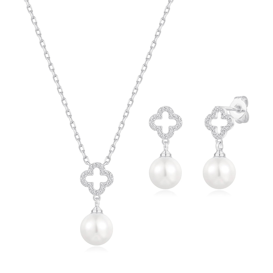 Silver Plated Clover Pearl Drop Set Created with Zircondia® Crystals - Philip Jones