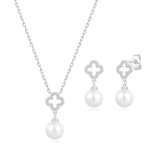 Silver Plated Clover Pearl Drop Set Created with Zircondia® Crystals - Philip Jones