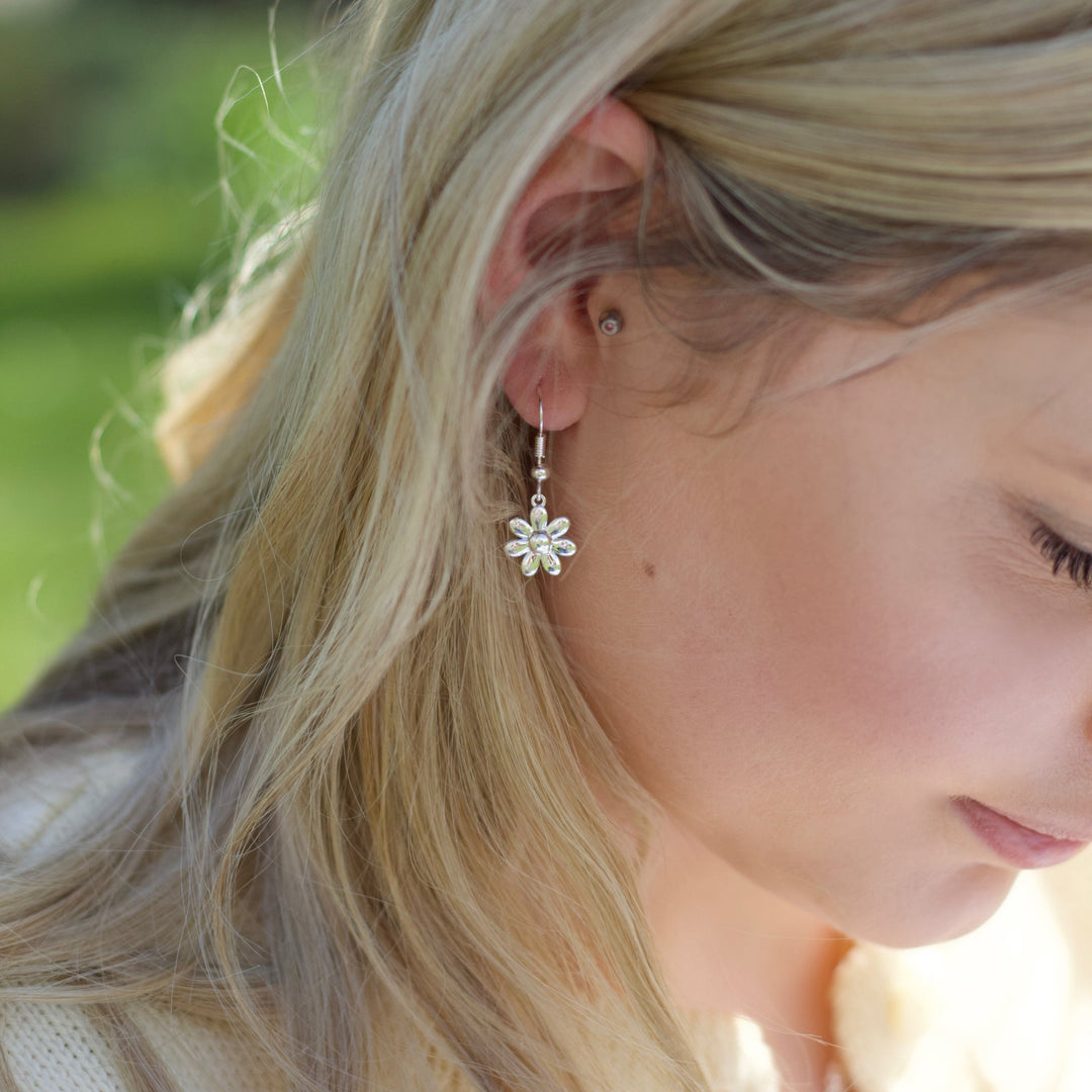 Silver Plated Daisy Drop Earrings - Philip Jones Jewellery