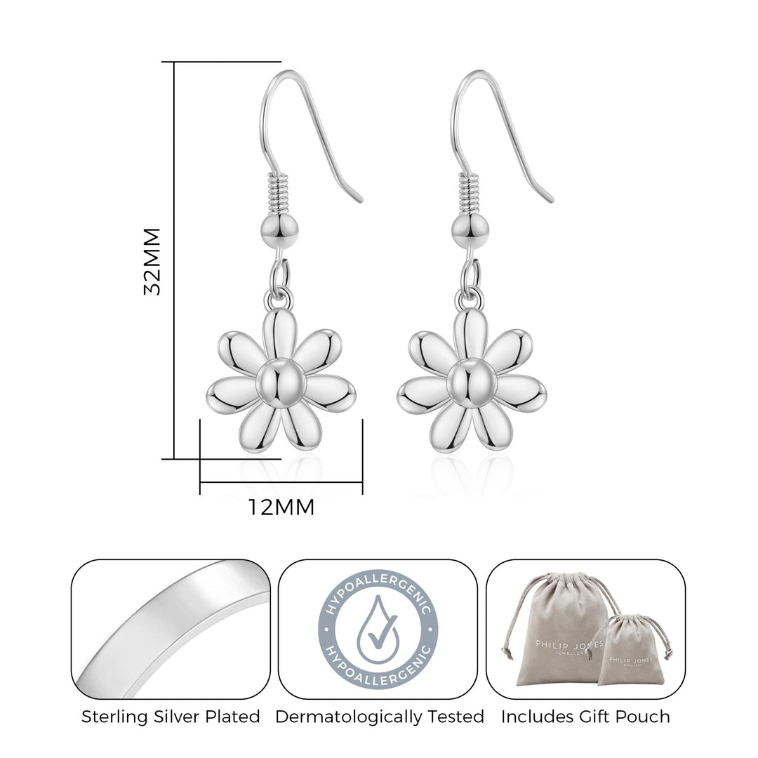 Silver Plated Daisy Drop Earrings - Philip Jones Jewellery